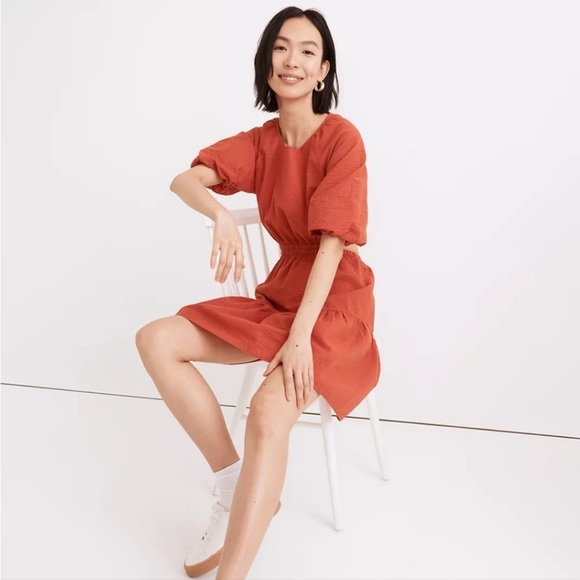 Madewell Dresses & Skirts - Madewell Seersucker Puff Sleeve Cutout Mini Dress Size XL NWT